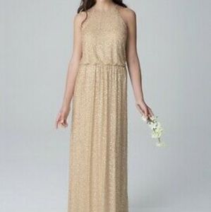 Bill Levkoff Gold Sequin Halter Bridesmaid Dress NWT